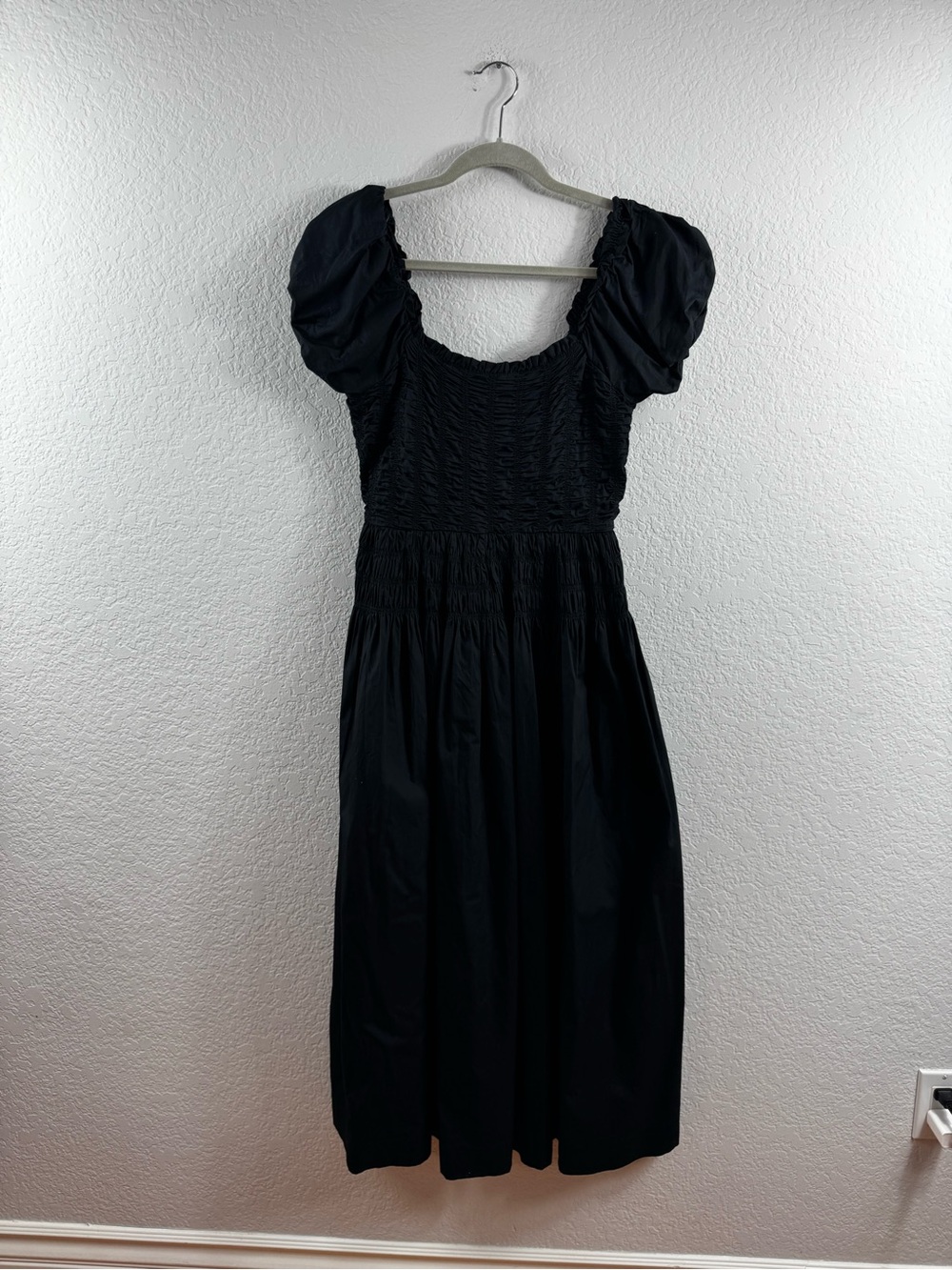 Caroline Constas Black Cotton Poplin Smocked Shirred Puff Sleeve Maxi Dress Sz S - Picture 6 of 12